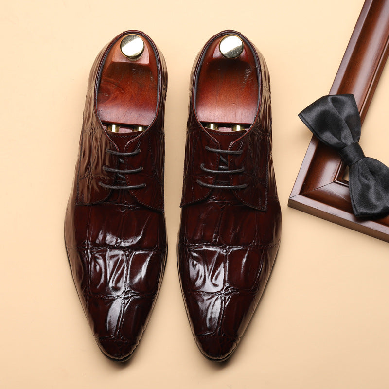 Men's Pointed Toe Business Alligator Pattern British Cowhide Leather Shoes