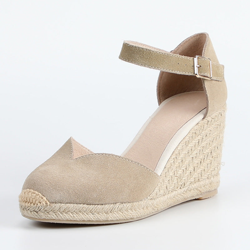 Women's Solid Color Hemp Sole Strap Wedge Fisherman Sandals