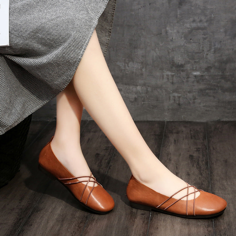 Women's Waxing Cowhide Flat Dancing Elastic Band Casual Shoes