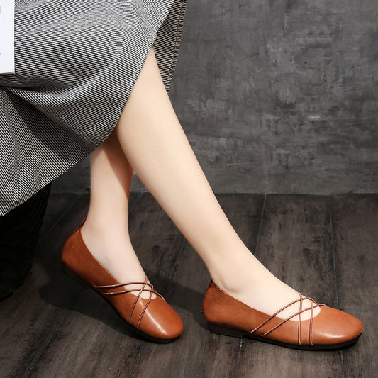 Women's Waxing Cowhide Flat Dancing Elastic Band Casual Shoes