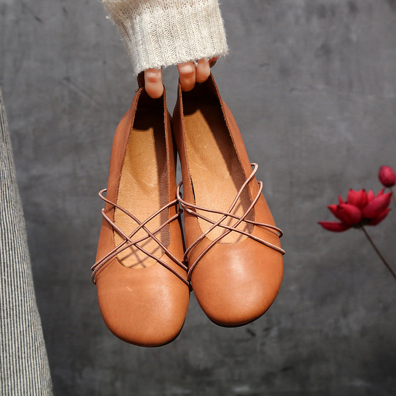 Women's Waxing Cowhide Flat Dancing Elastic Band Casual Shoes