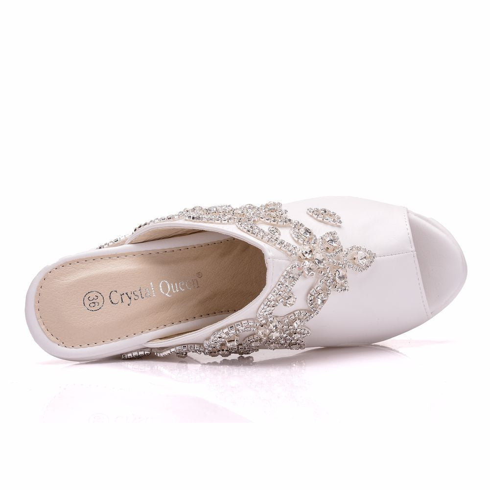 White Rhinestone Peep Toe Wedge Plus Size Waterproof Sandals