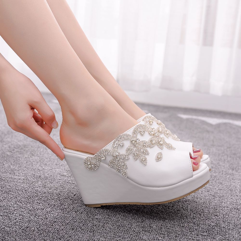 White Rhinestone Peep Toe Wedge Plus Size Waterproof Sandals