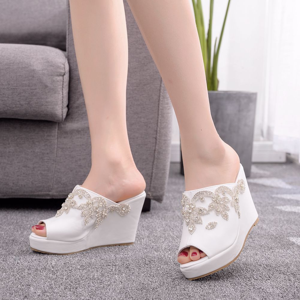 White Rhinestone Peep Toe Wedge Plus Size Waterproof Sandals