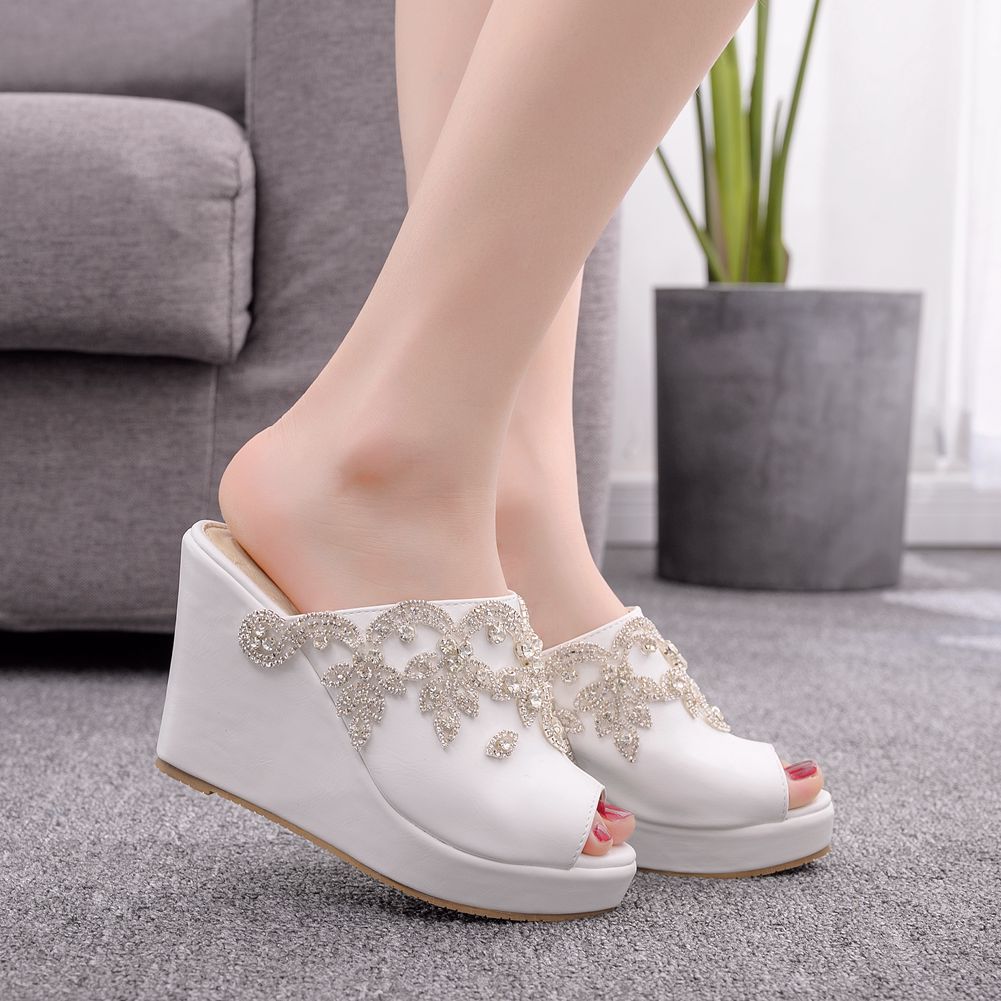 White Rhinestone Peep Toe Wedge Plus Size Waterproof Sandals