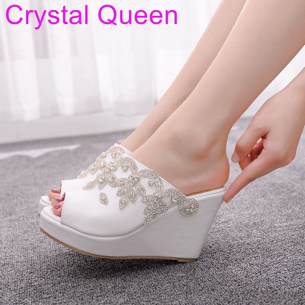 White Rhinestone Peep Toe Wedge Plus Size Waterproof Sandals
