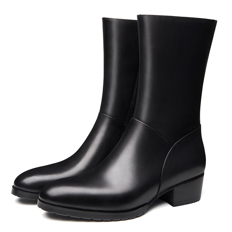 Men's Middle Korean Style Cowhide Fleece-lined Thermal Zipper Boots