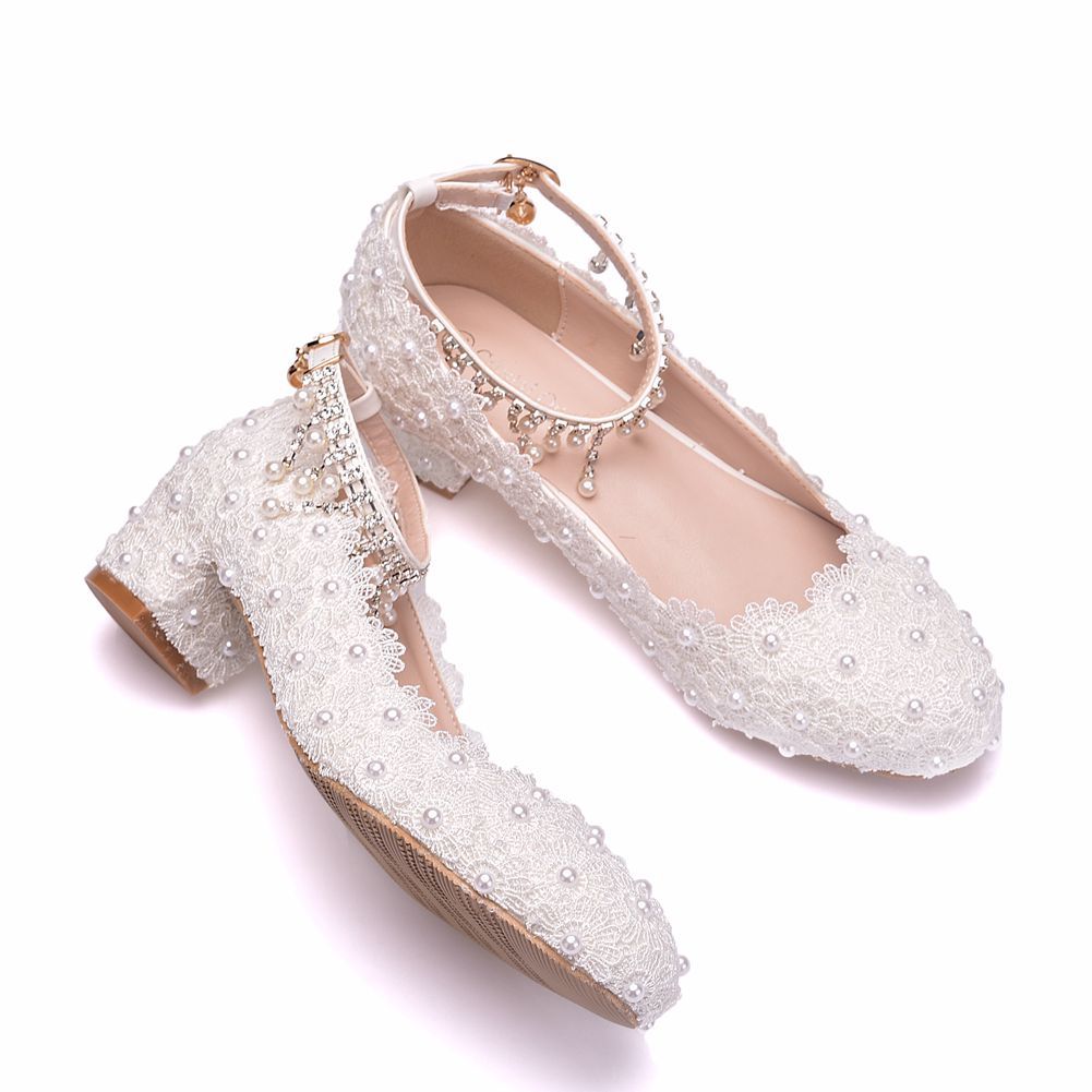 Round Toe Pumps Wrist Strap White Heels
