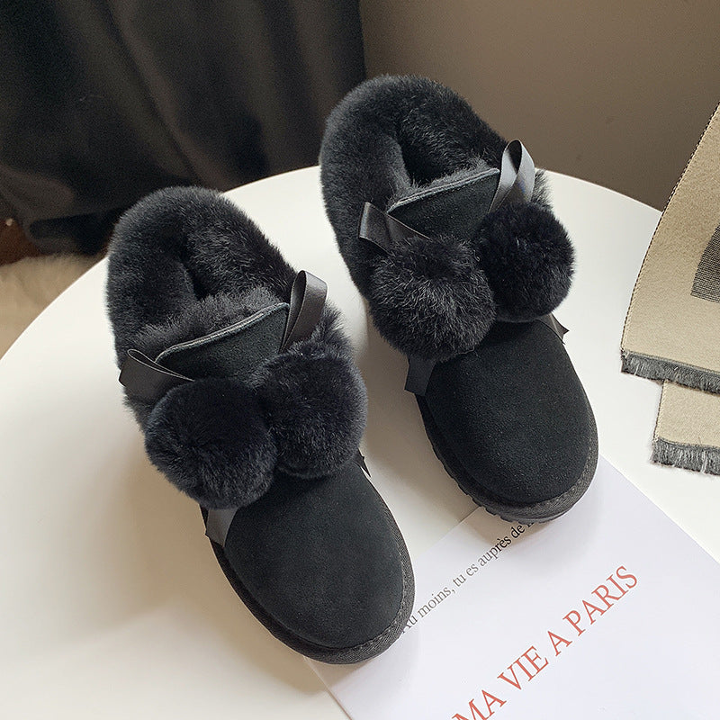 Women's Warm Short Hairy Ball Fleece-lined Bread Snow Boots