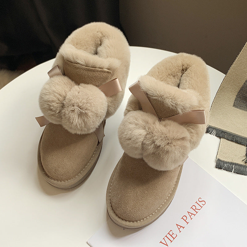 Women's Warm Short Hairy Ball Fleece-lined Bread Snow Boots