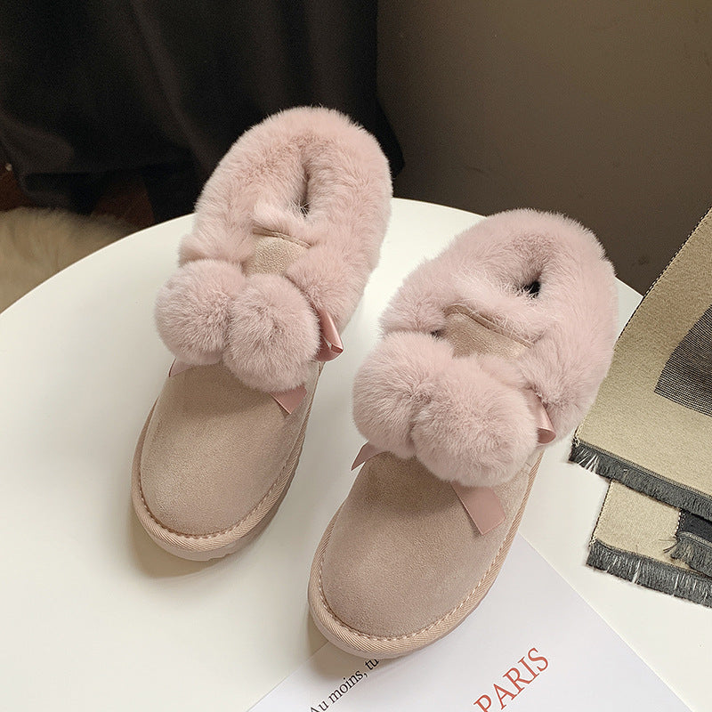 Women's Warm Short Hairy Ball Fleece-lined Bread Snow Boots