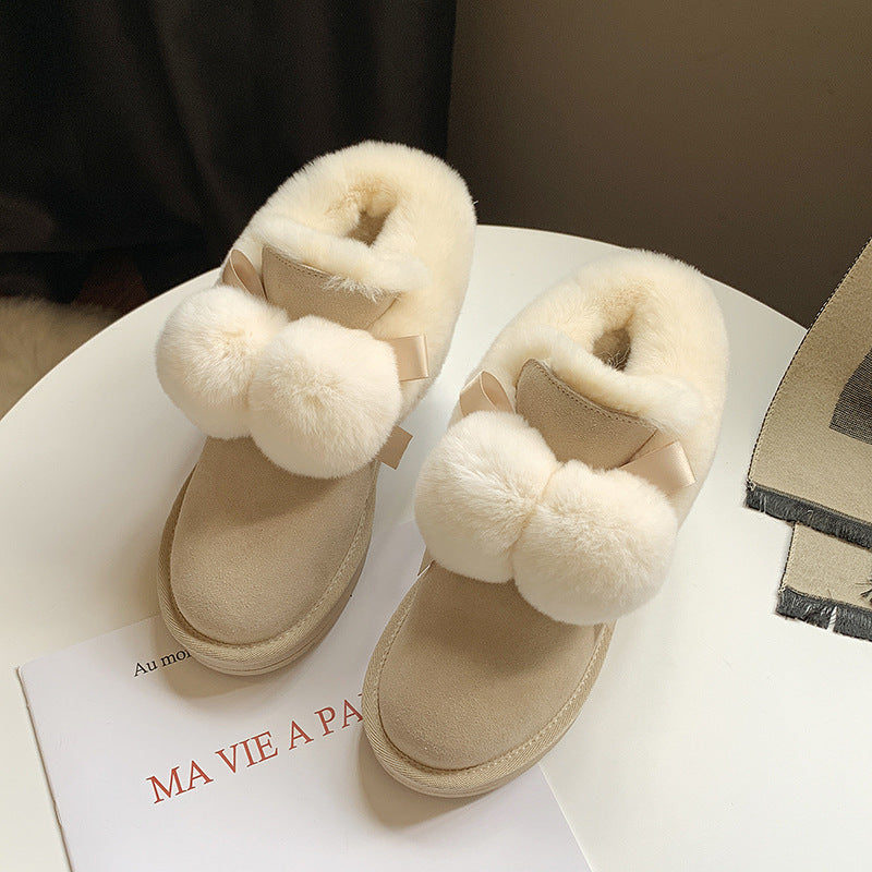 Women's Warm Short Hairy Ball Fleece-lined Bread Snow Boots