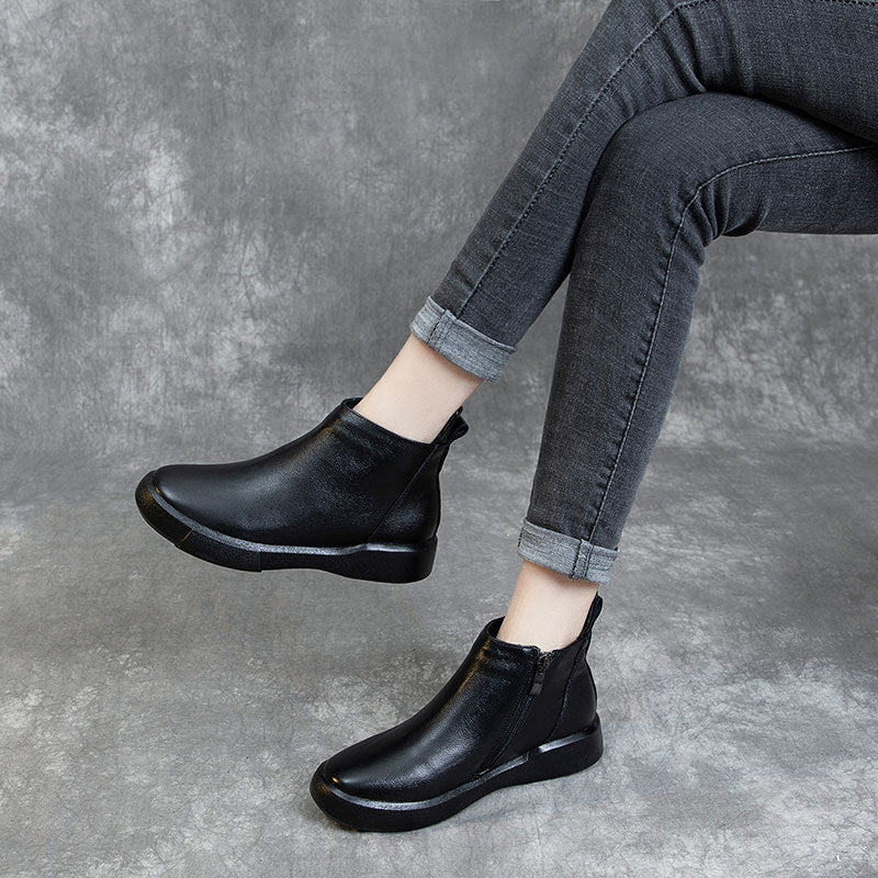 Women's Fleece Lining Thickened Handmade Cowhide Martin Round Boots