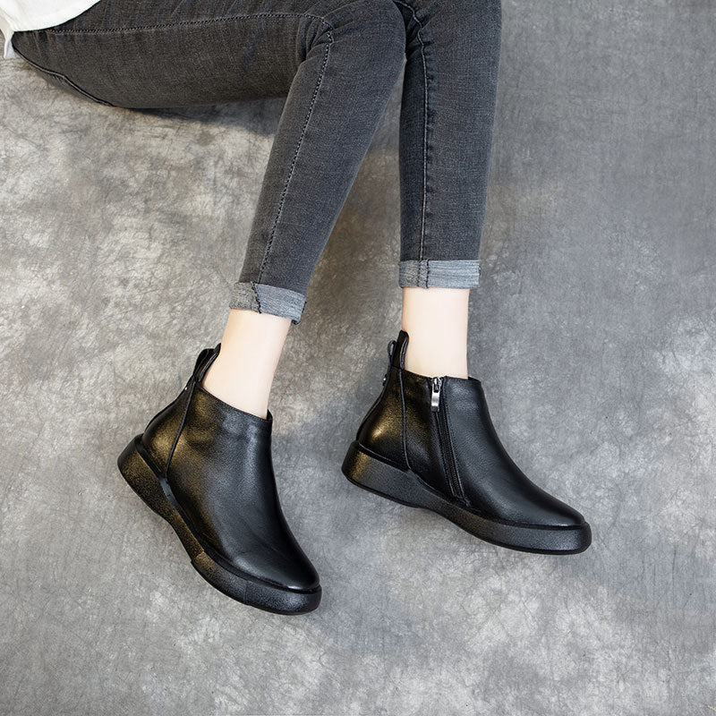 Women's Fleece Lining Thickened Handmade Cowhide Martin Round Boots