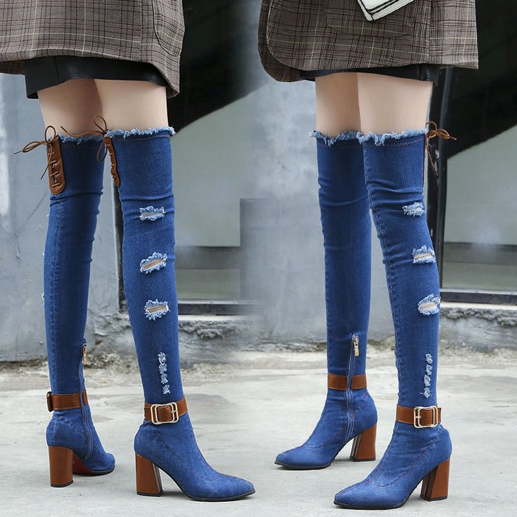 Women's Spring Stiletto Pointed Toe Denim Stretch Boots