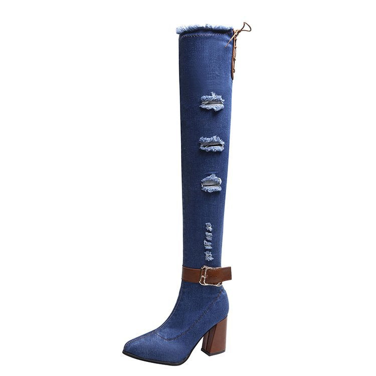 Women's Spring Stiletto Pointed Toe Denim Stretch Boots