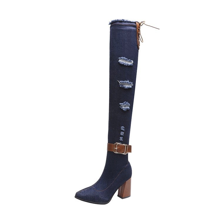 Women's Spring Stiletto Pointed Toe Denim Stretch Boots