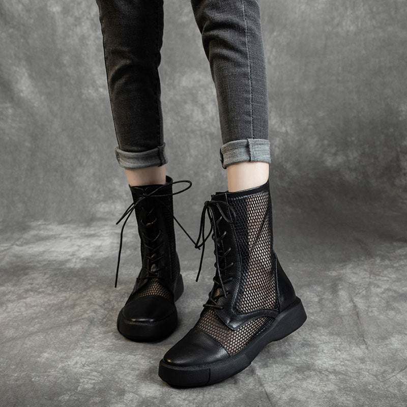 Women's Cowhide Hollow Rivet Fish Mouth Mesh Sandals
