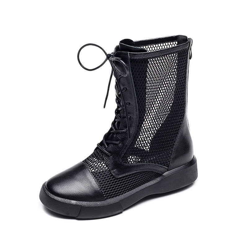 Women's Cowhide Hollow Rivet Fish Mouth Mesh Sandals