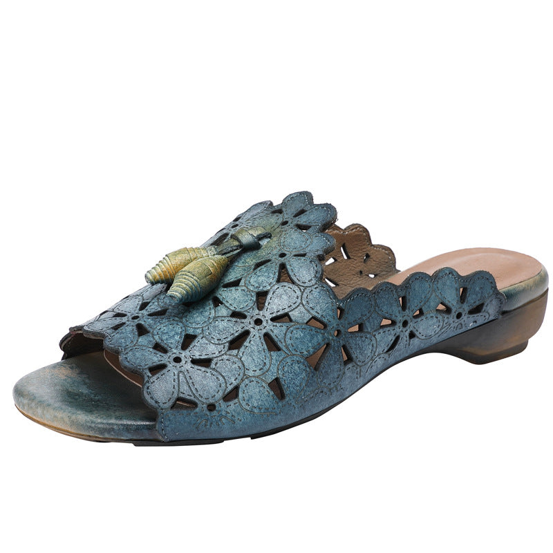 Summer Polished Top Layer Cowhide Low Fish Mouth Sandals