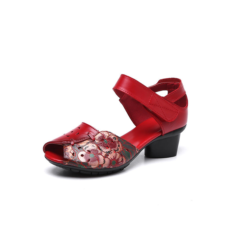 Women's Toe First Layer Cowhide Mother Chunky Sandals