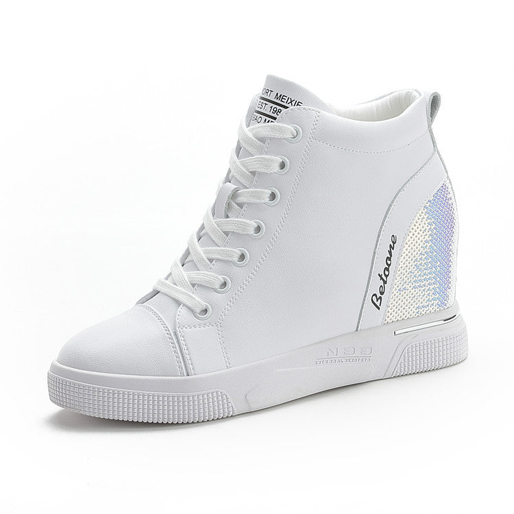 Women's Height Increasing Insole Korean Style Zip White Wedge Casual Shoes