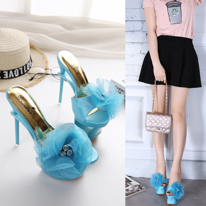 Women's Diamond Chiffon Floral Decorations Waterproof Platform Sandals