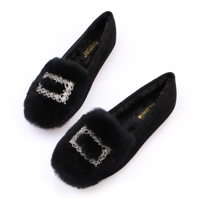 Women's Korean Real Rabbit Fur Fleece-lined Social Casual Shoes