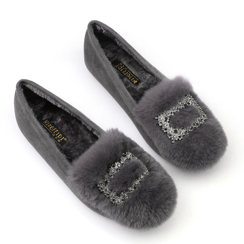 Women's Korean Real Rabbit Fur Fleece-lined Social Casual Shoes