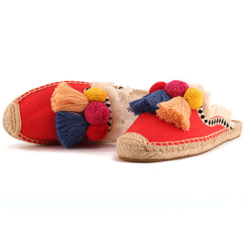 Women's Fluffy Flat Linen Half Hairy Ball Closed Sandals