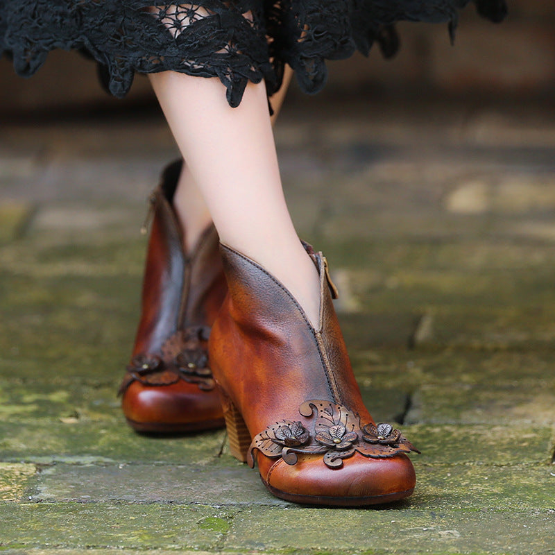 Women's First Layer Cowhide Flower High Chunky Boots