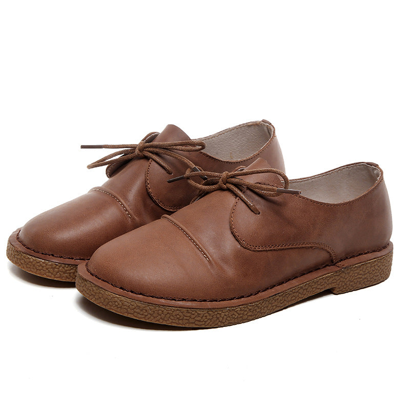 Women's Flat Round Head Hand Stitching Genuine Casual Shoes