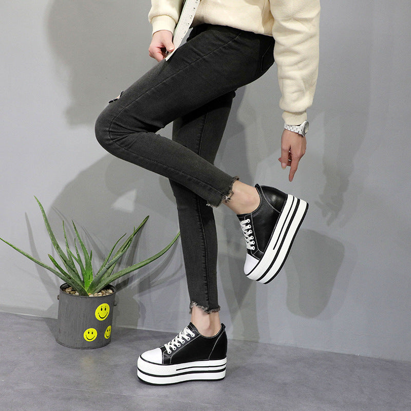 Women's White Height Increasing Insole Classic Korean Sneakers