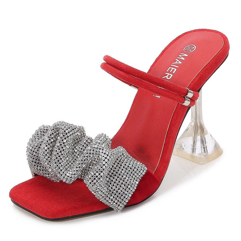 Women's Summer Hollow Korean Style Two-way Crystal High Stilettos Square Heels