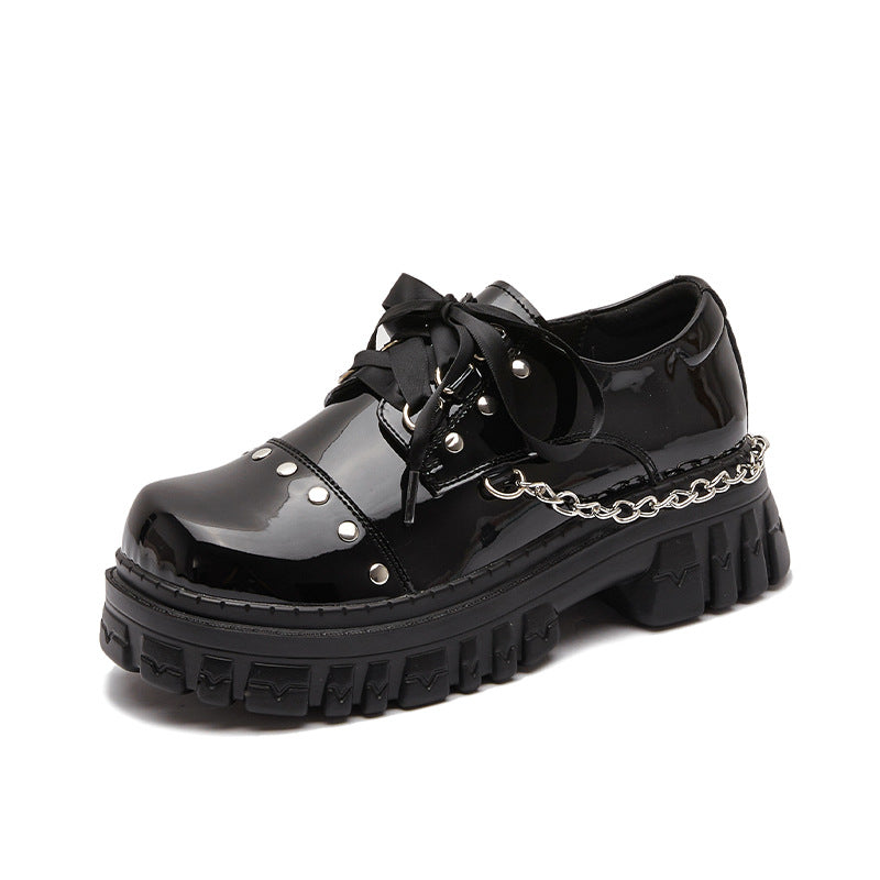 Women's Genuine Platform Fashion Chain Retro Single Leather Shoes