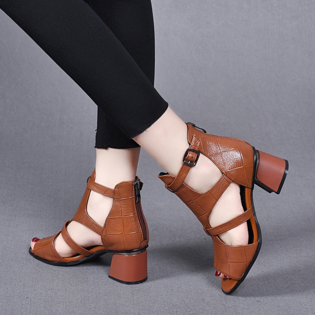 Women's Layer Cowhide Fish Mouth Chunky Roman Heels
