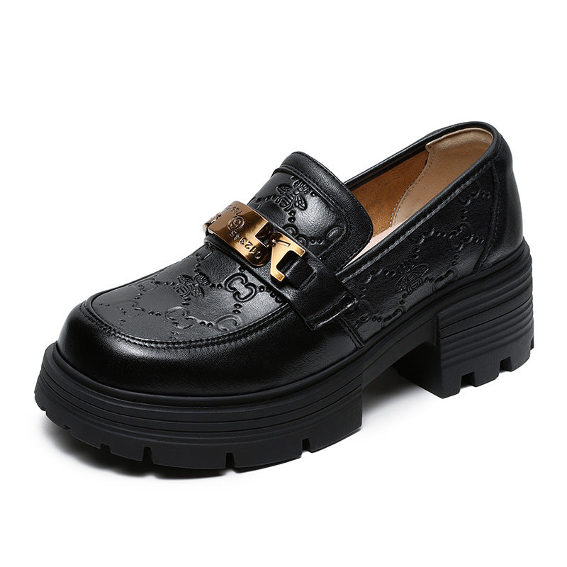 Women's First Layer Cowhide Black Embossed Thick-soled Loafers