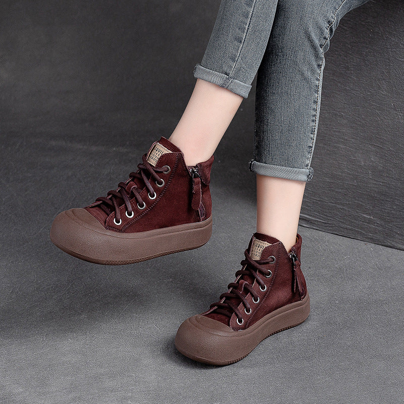 Women's Shu Side Zipper Thin First Layer Cowhide Platform Round Casual Shoes