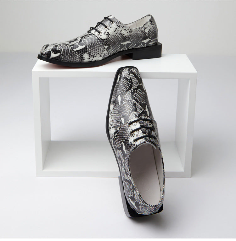 Men's Python Pattern Cowhide Square Toe Genuine Leather Shoes