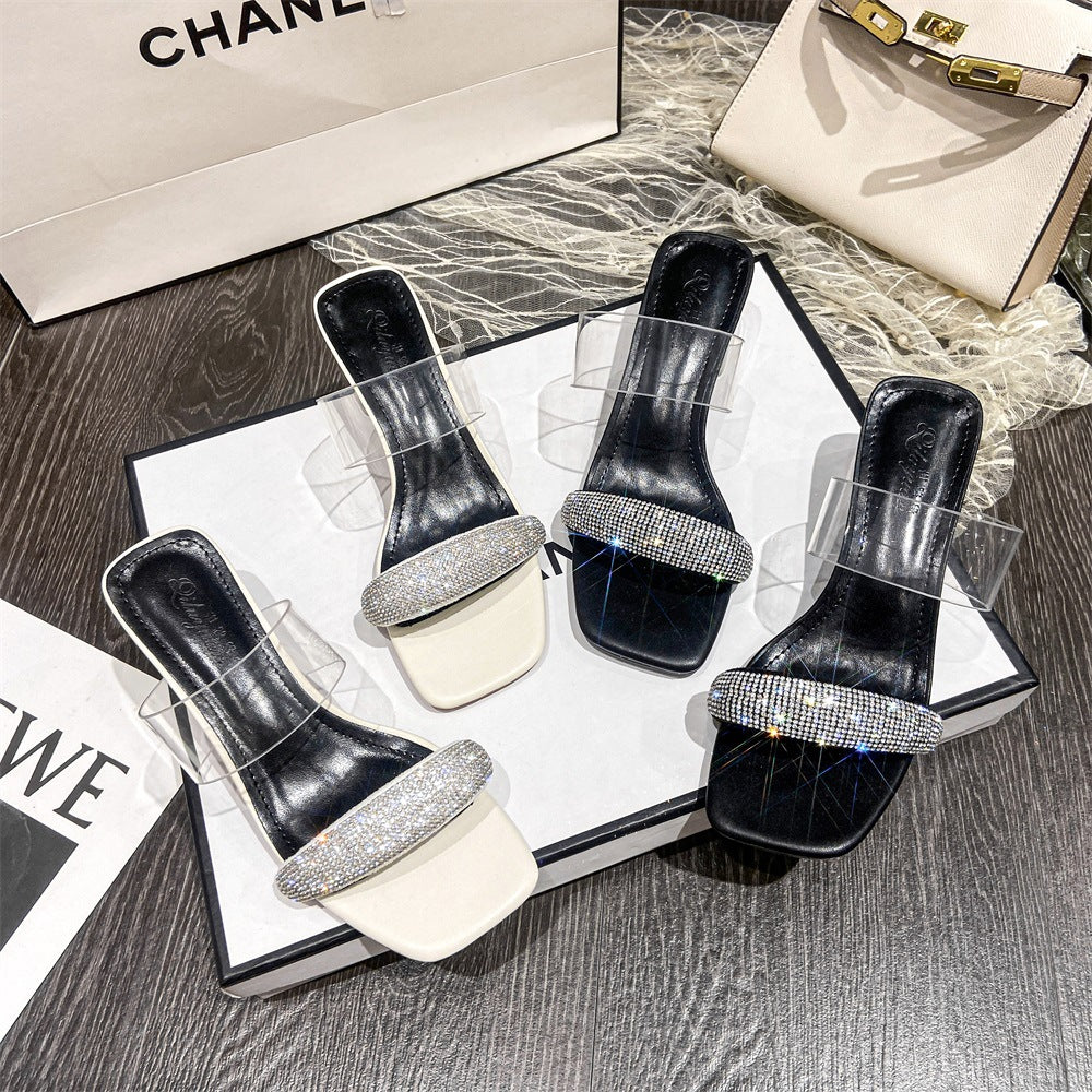 Women's Rhinestone Strap Korean Style Square Toe Heels
