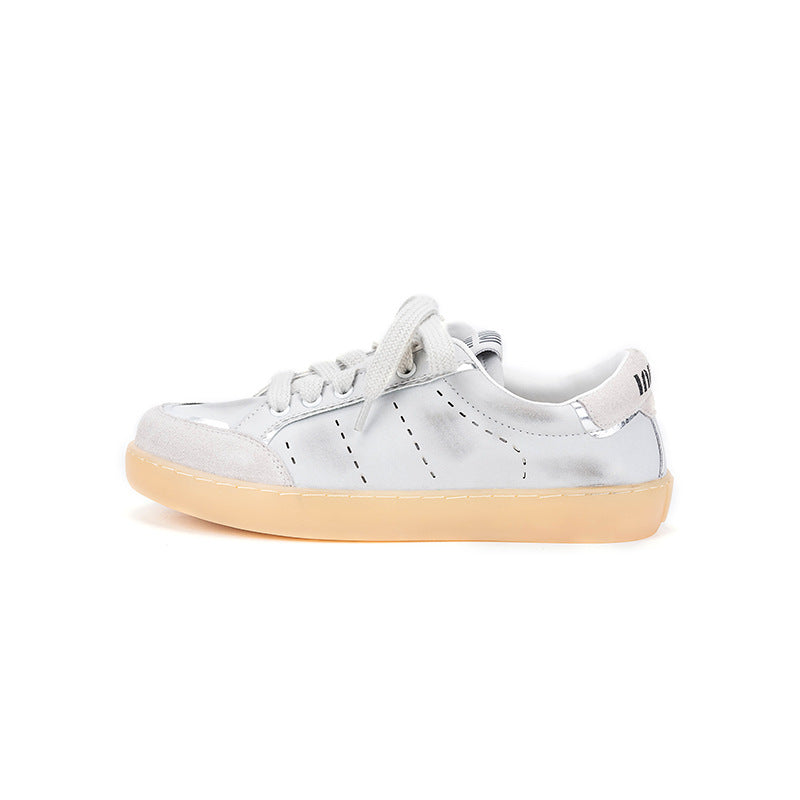 Women's Cowhide White Lace Up Old Dirty Casual Shoes