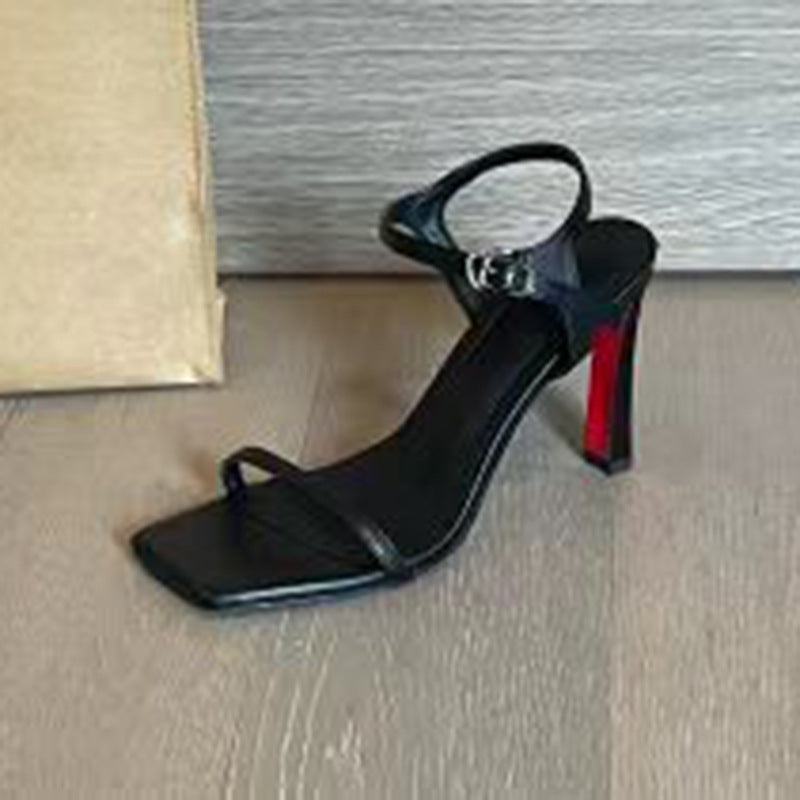 French Simple Black Square Toe Stiletto Heels