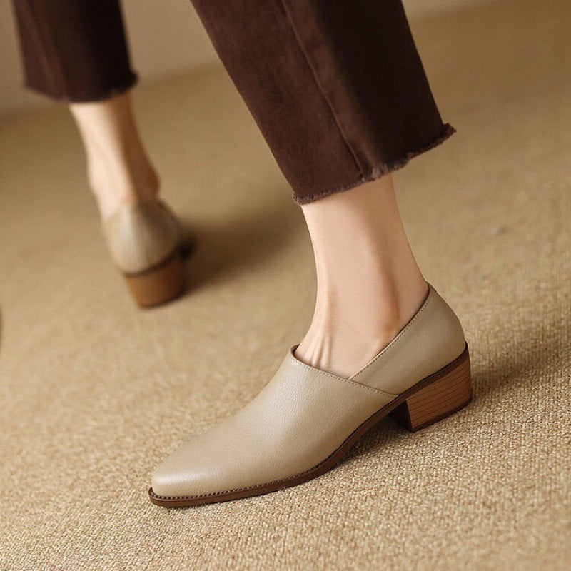 Women's Small Comfortable Root Wild Fashion Solid Color Leather Shoes