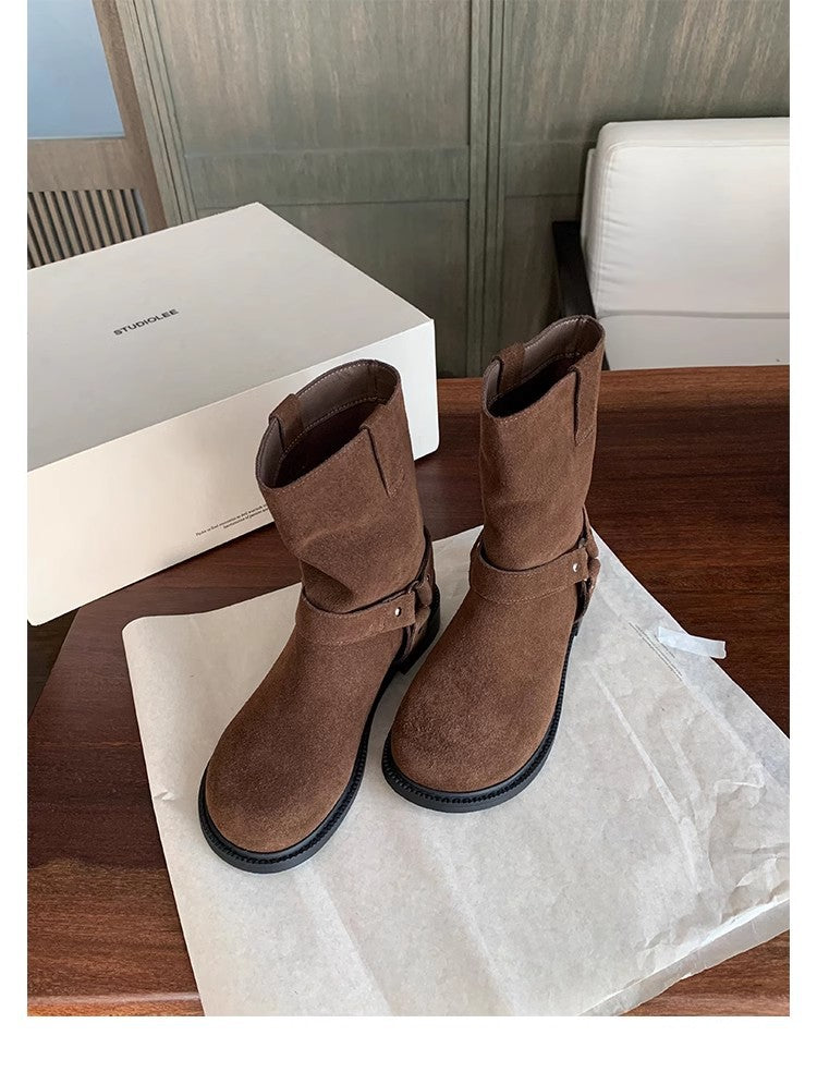 Women's Toe Metal Buckle Retro Low Western Boots