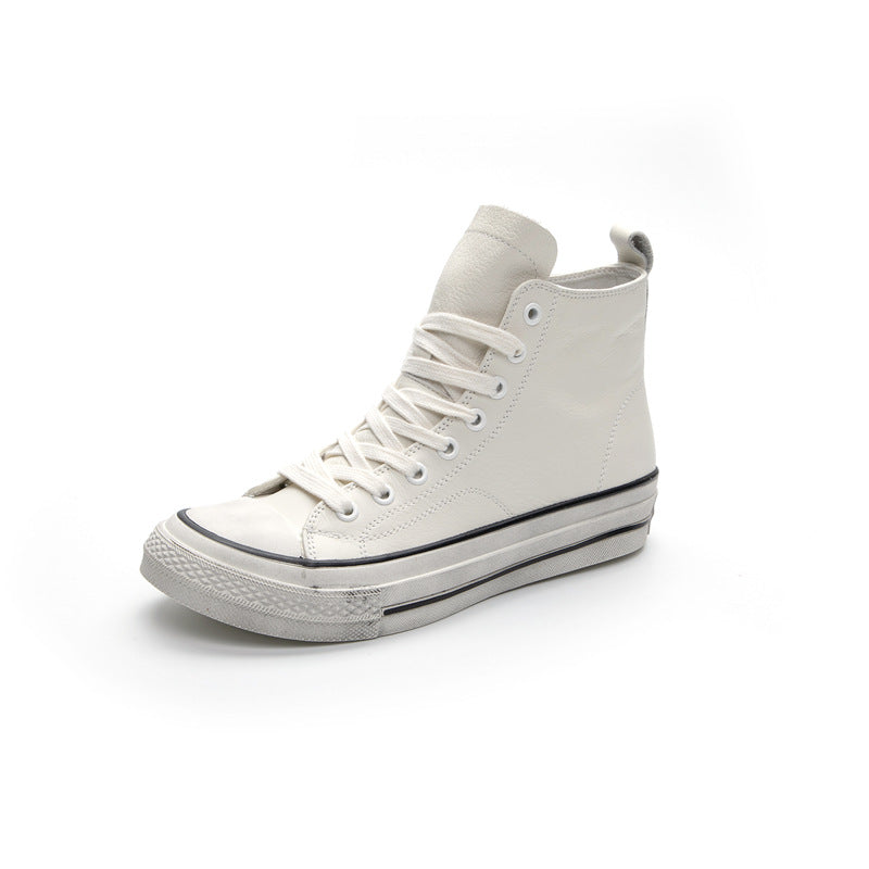 Women's & Men's High Top White Cowhide Flat Round Sneakers