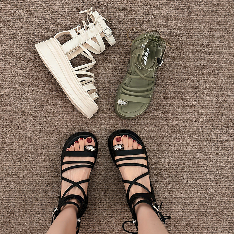 Women's Summer French Style High-grade Black Cross Strap Sandals