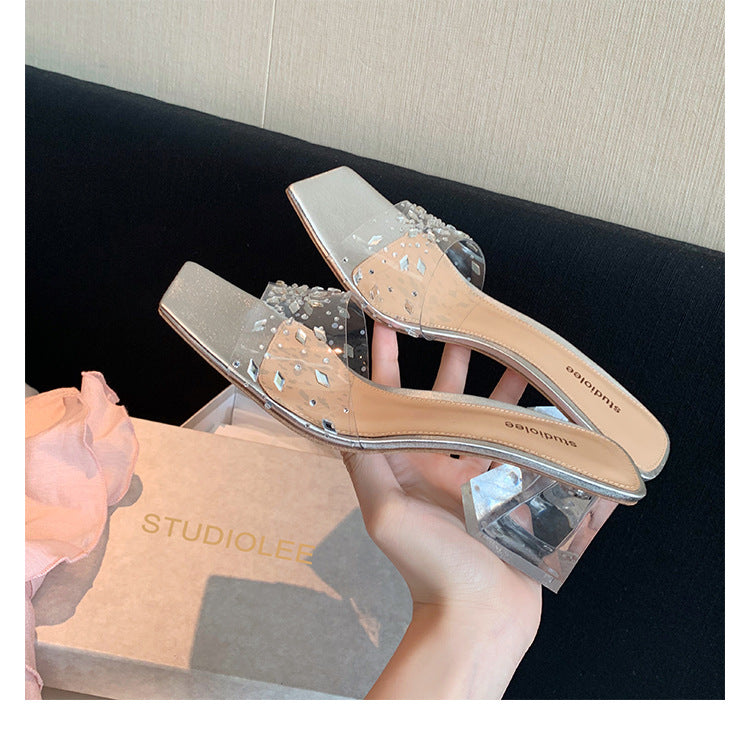 Women's End Series Square Toe Rhinestone Transparent Heels