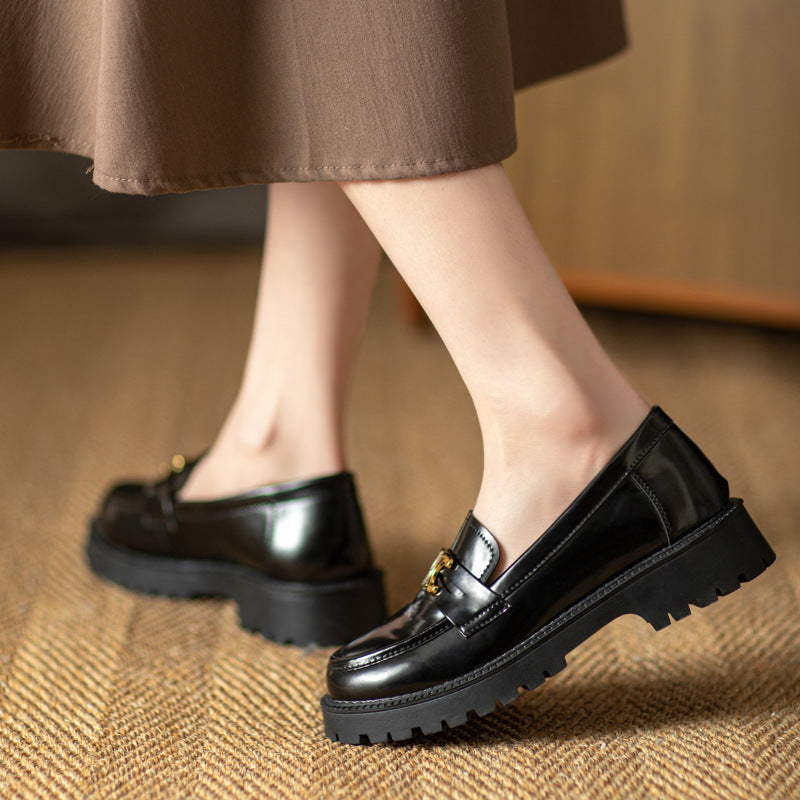 Women's Full Cowhide British Style Authentic Spring Pumps Platform Metal Leather Shoes