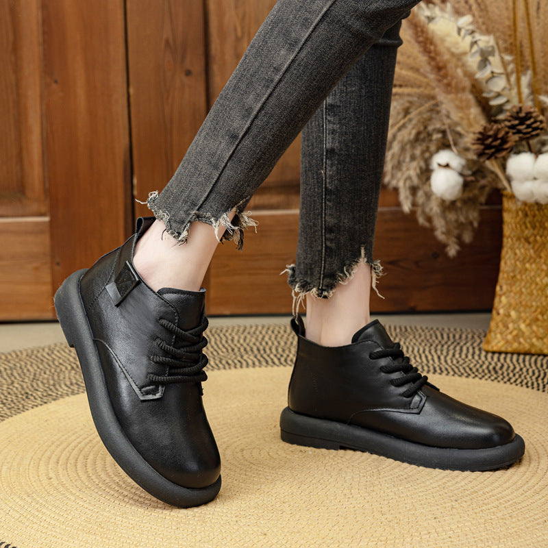 Women's Real Cowhide Flat Ankle Thick Veet Retro Soft Boots