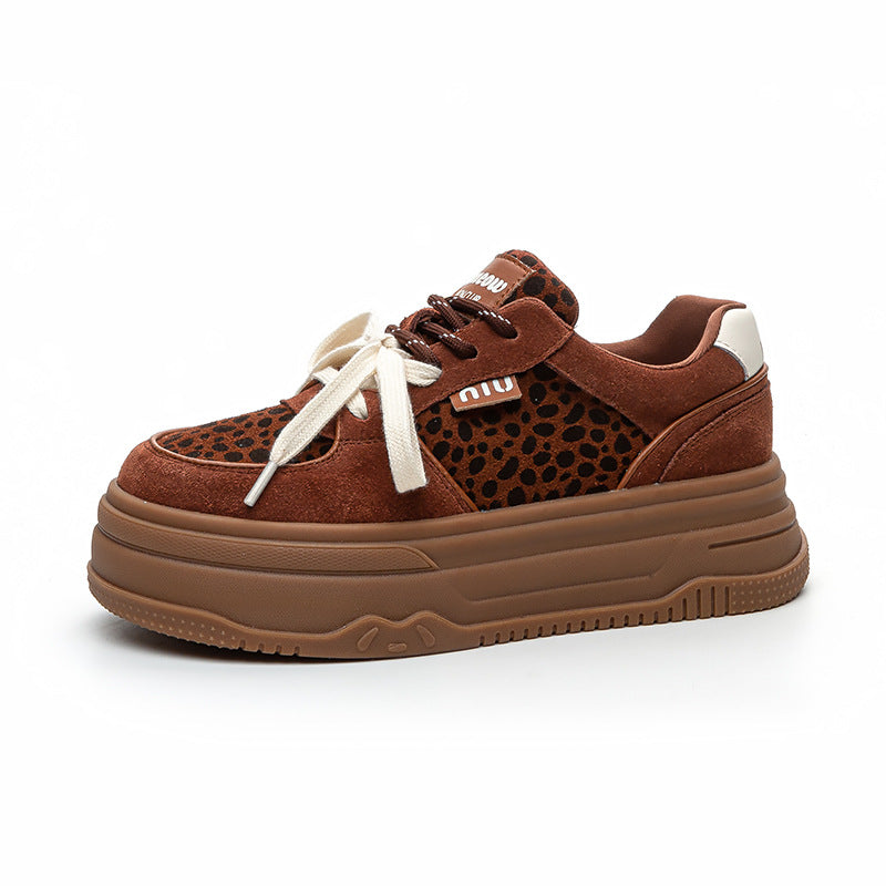 Women's White Korean Height Increasing Sports Leopard Sneakers